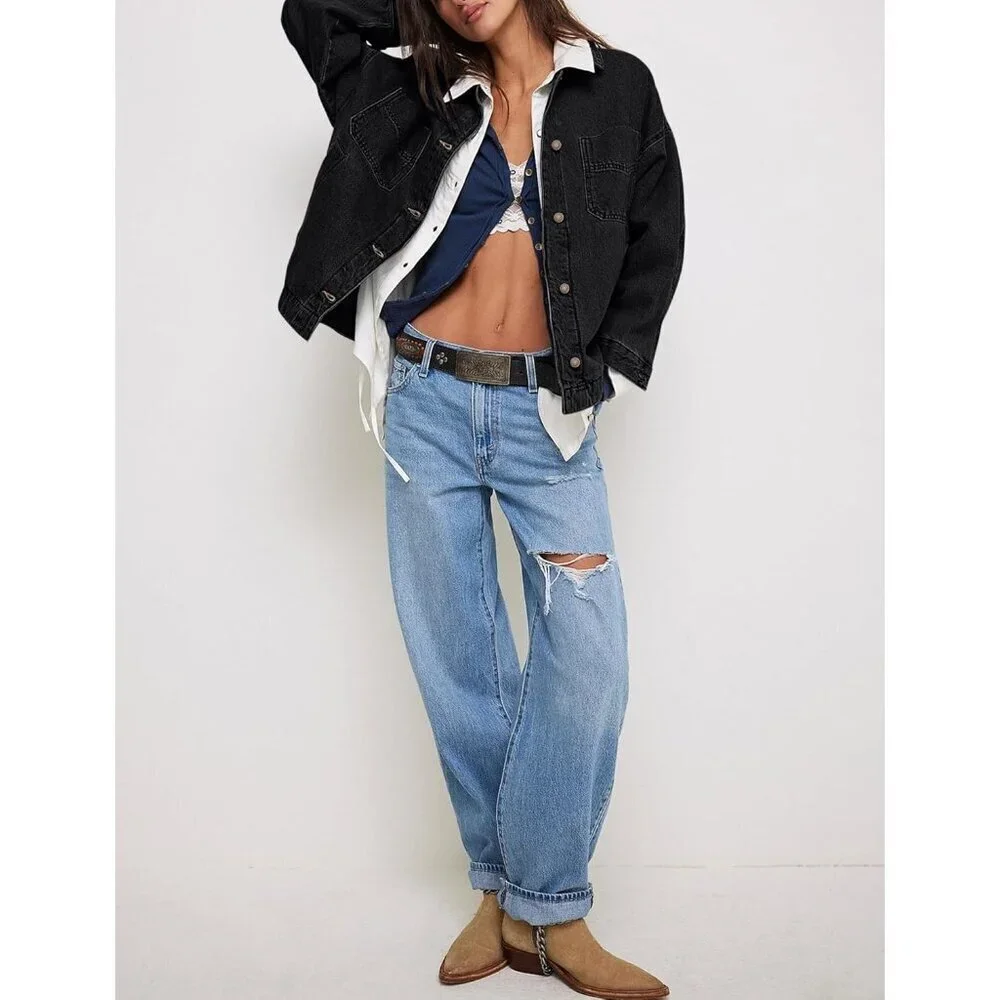 Women Jean Jacket Oversized Shacket Denim Jacket Button Down Boyfriend Black - Picture 5 of 6